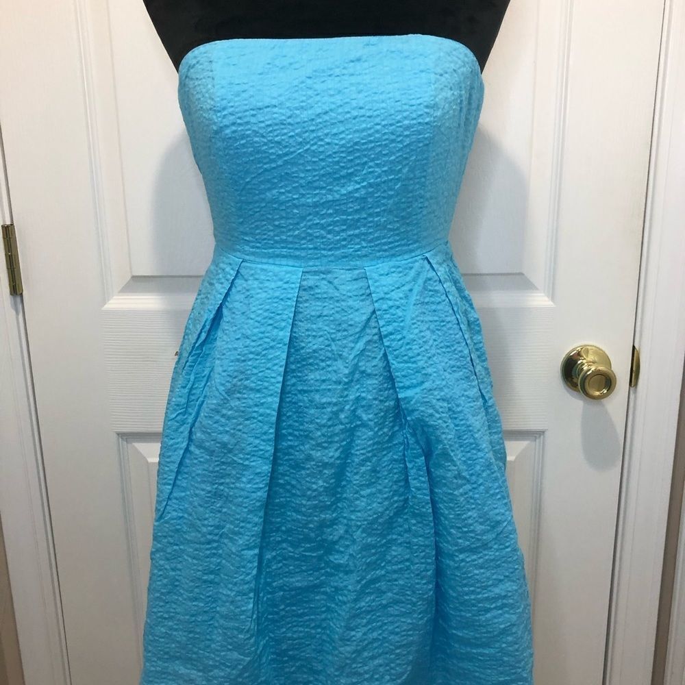 J Crew blue strapless midi dress with pockets - Picture 2 of 8